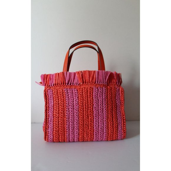 Kate Spade Sam Stripe Straw Medium Satchel in Juicy Orange - Picture 6 of 12